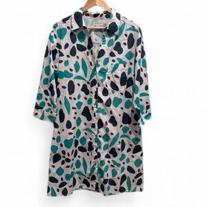 Wray Matisse‎ White Blue Patterned Button Down Shirt Dress XS Cotton Beachy